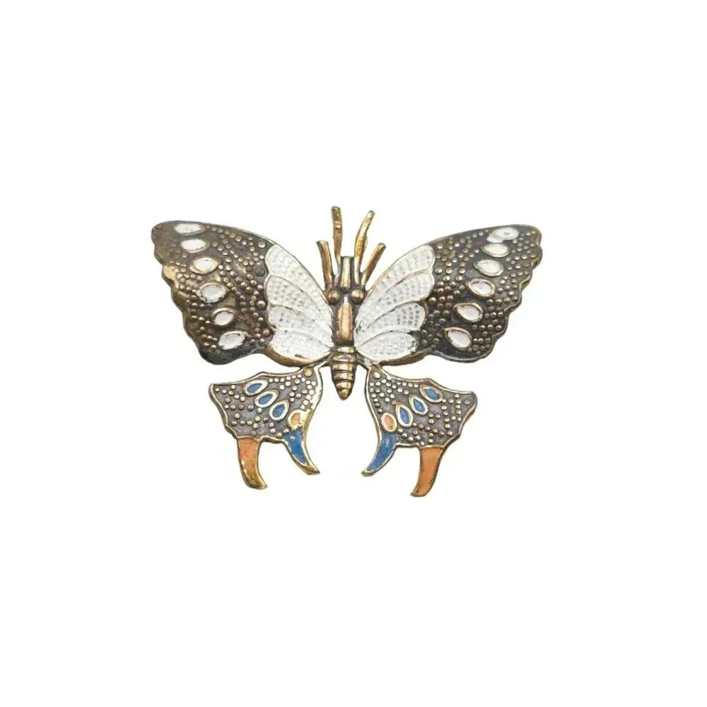 Spain Damascene Multicolor Enamel Textured Butterfly Brooch Pin Vintage